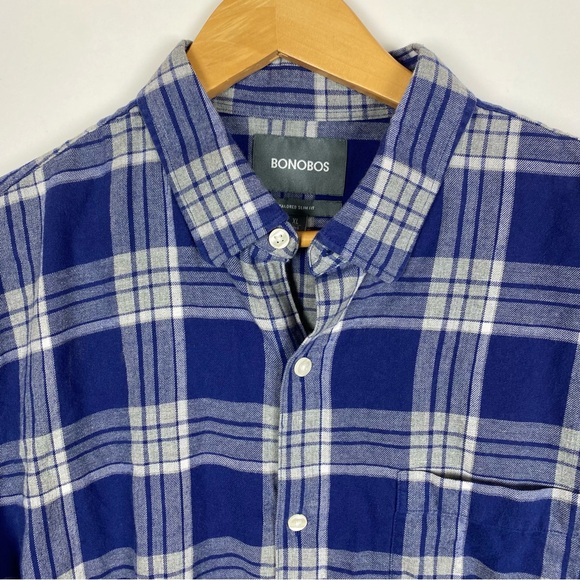 Bonobos Button Down Shirt Mens Size XL Long Tailored Slim Fit Blue Plaid Flannel - Picture 3 of 6
